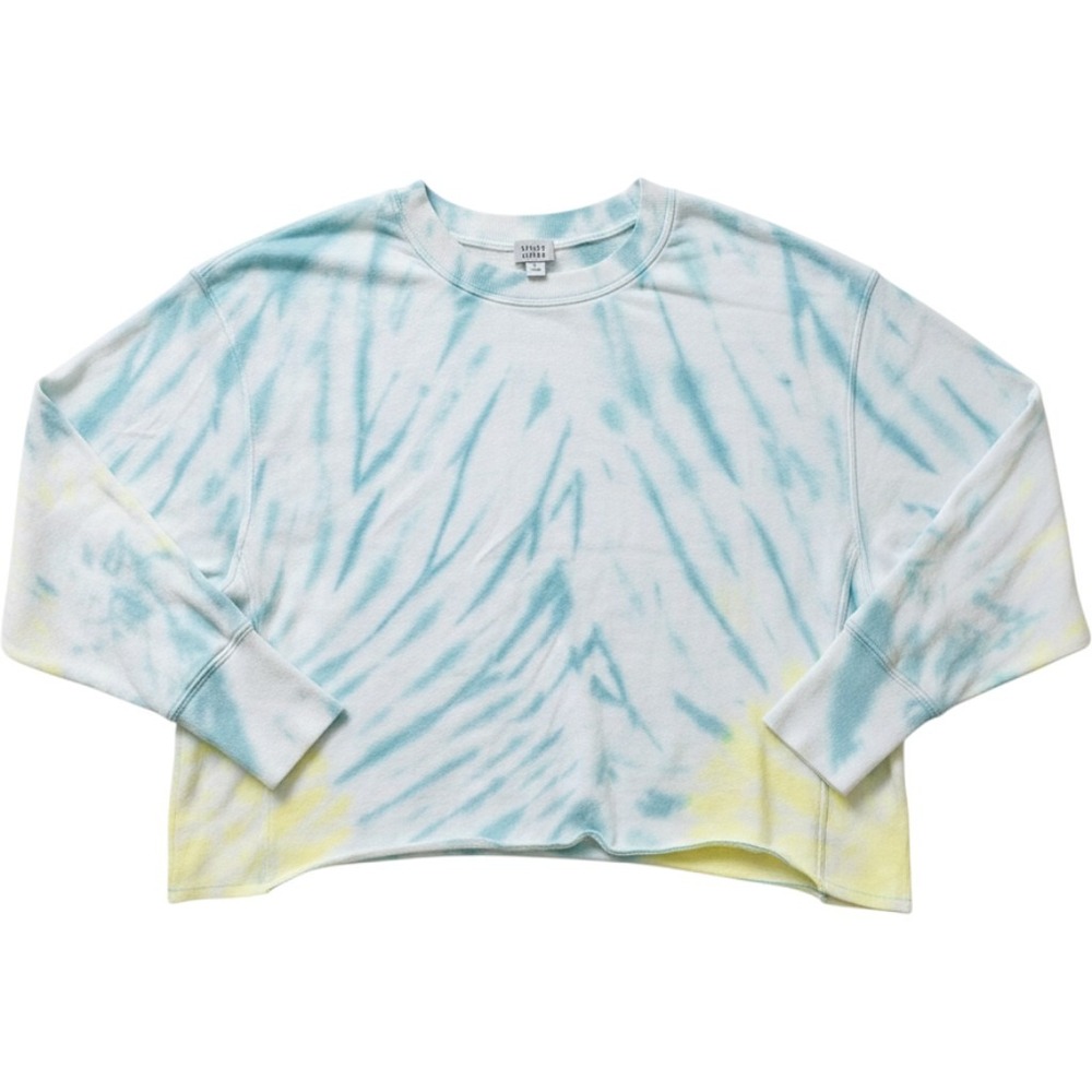 Peyton Jensen Sweatshirt Womens Medium Blue Yellow Tie Dye Cropped Coastal